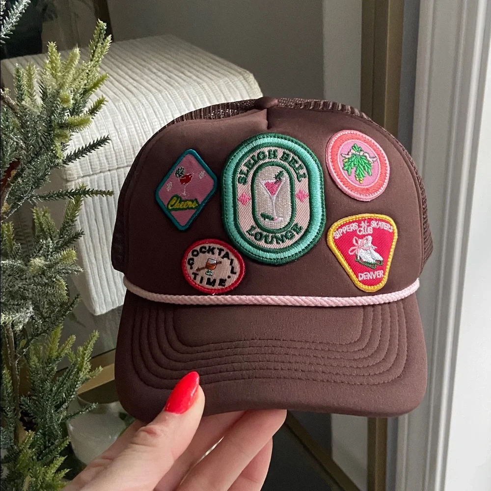 Anthropologie Christmas trucker hat embroidered patches OSFM